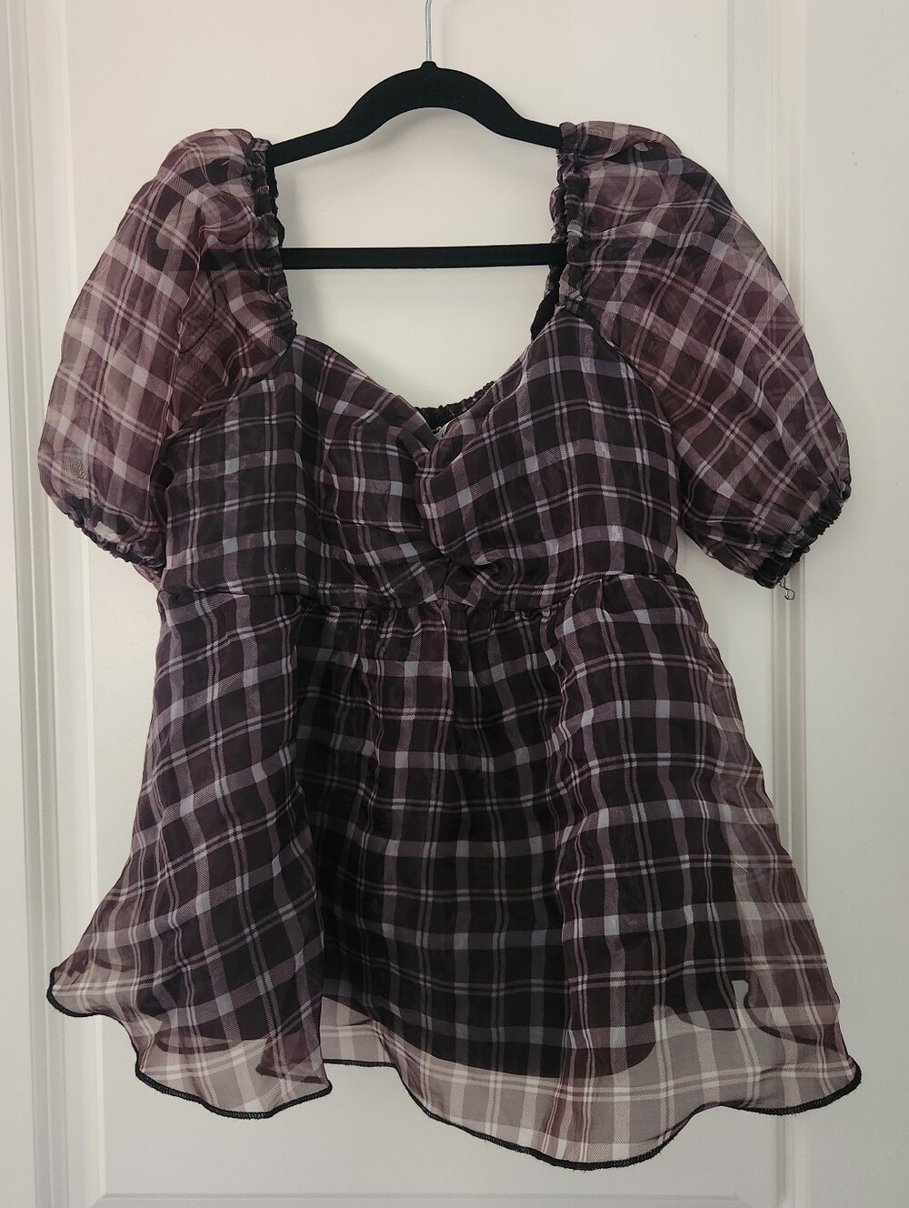 Plaid Puff-Sleeve Iridescent Babydoll Top